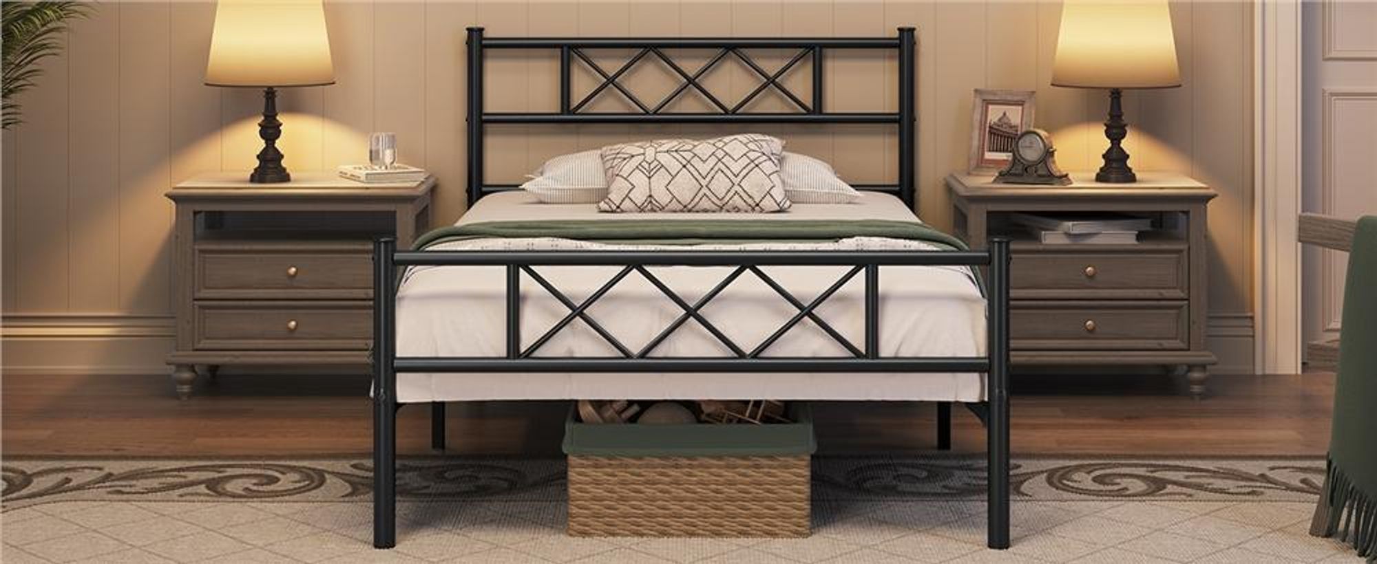 Yaheetech Metallbett Bettgestell mit Kreuzdesign Kopfteil, 90 x 200 cm Bettrahmen, Schwarz