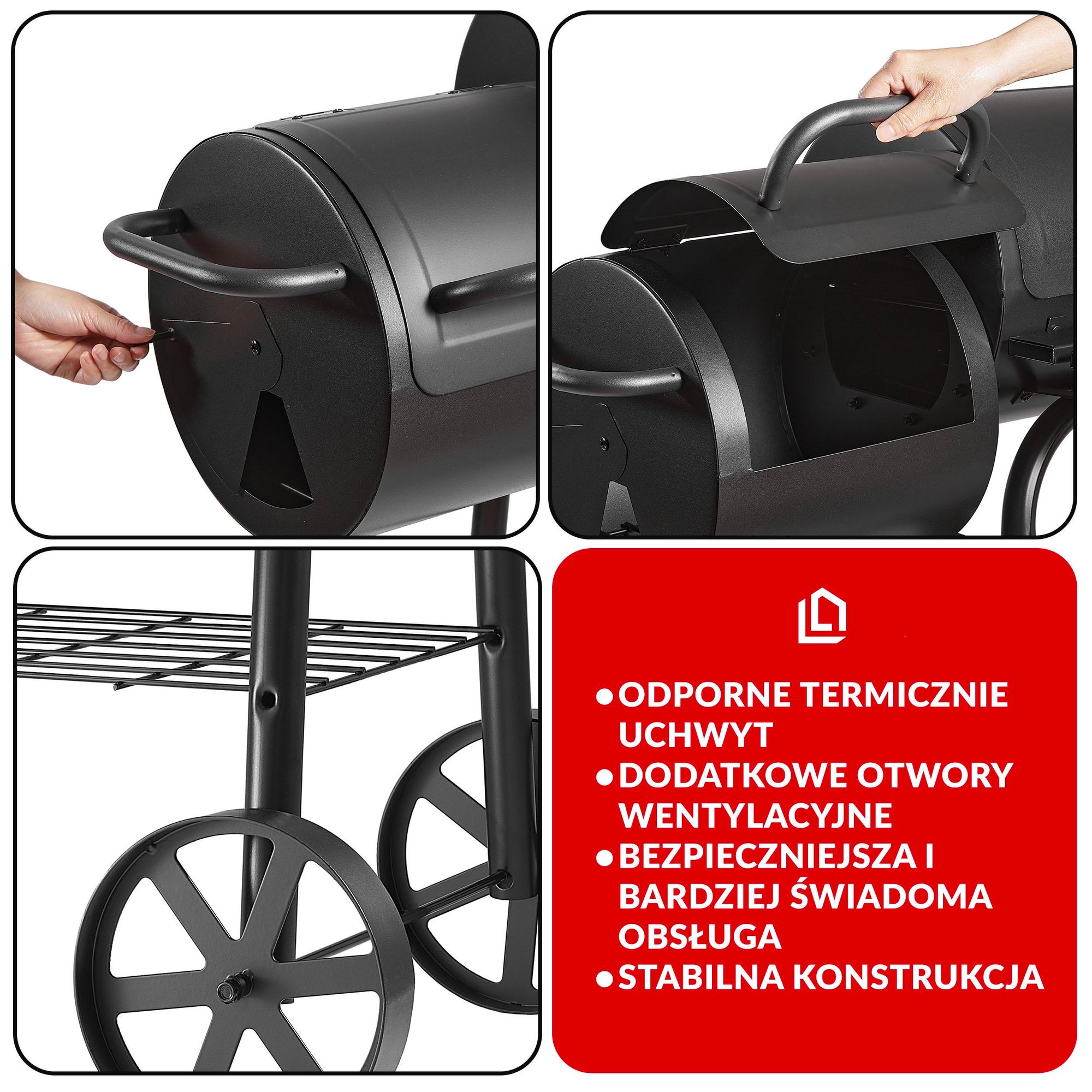 Grill wędzarniowy i węglowy LEHMANN 2 w 1 – 2 komory, pokrywa, wbudowany termometr i uchwyt odporny na wysoką temperaturę, kolor czarny