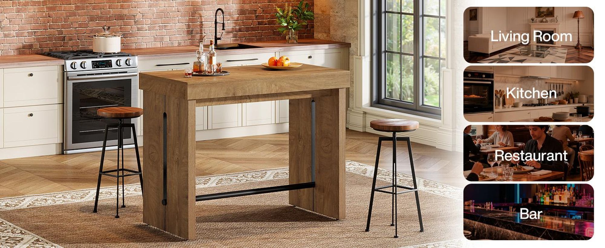 Tribesigns Bartisch, 105 x 50 x 95 cm rechteckiger Stehtisch mit Metall-Fußstütze, rustikaler Esstisch, Kneipentisch für Zuhause, Esszimmer, Bistro