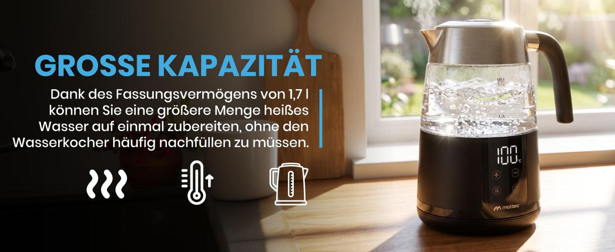 Schwarzer Wasserkocher mit Warmhaltefunktion Edelstahlfilter 1800ml und 2200W