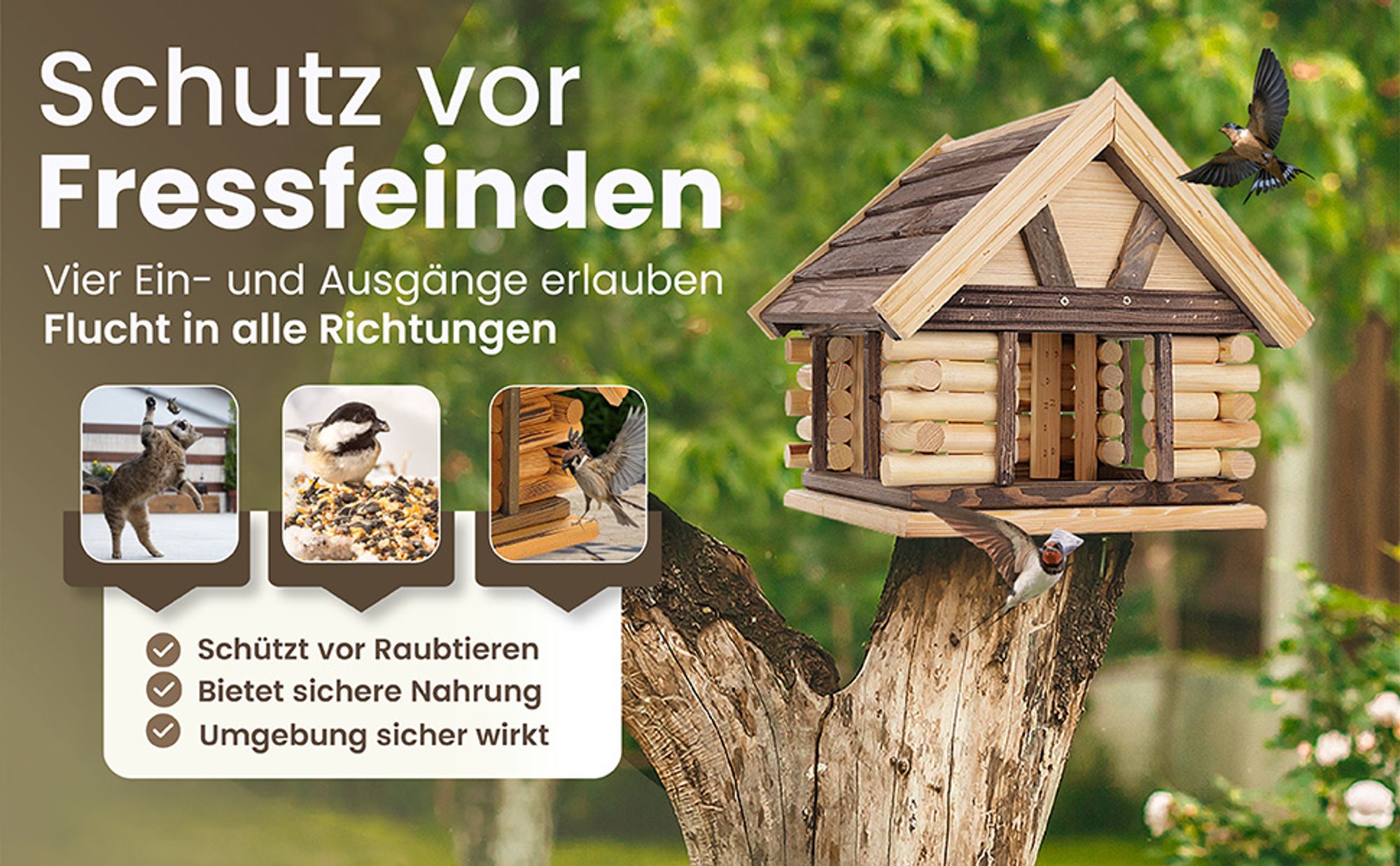 MAZUR Vogelfutterhaus aus massivem Holz 38 cm x 39,5 cm x 34,5 cm – Wetterfeste Futterstation, Futterspender für Wildvögel im Garten, großes Vogelhaus