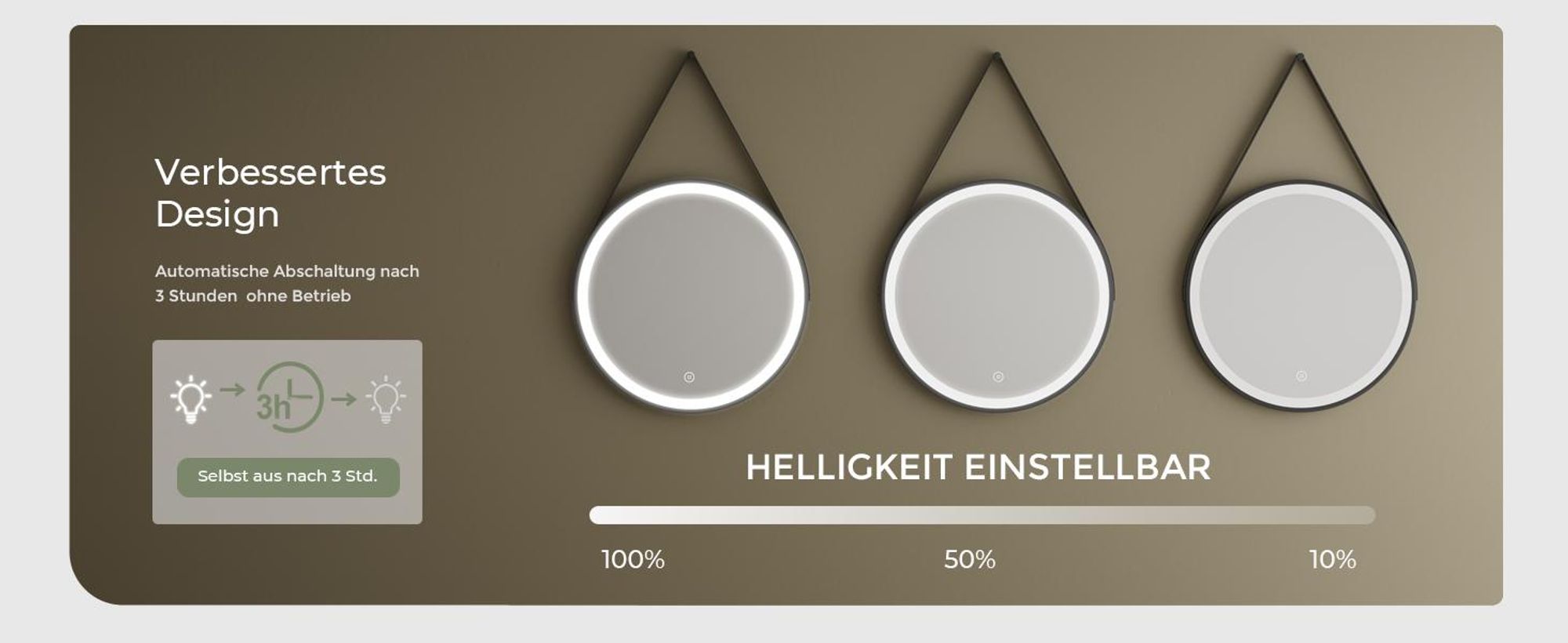 S'AFIELINA 60cm Badspiegel mit Beleuchtung Rund LED Badezimmerspiegel mit Touch und kaltweißes Licht Schwarzer Rahmen verstellbarer Ledergürtel