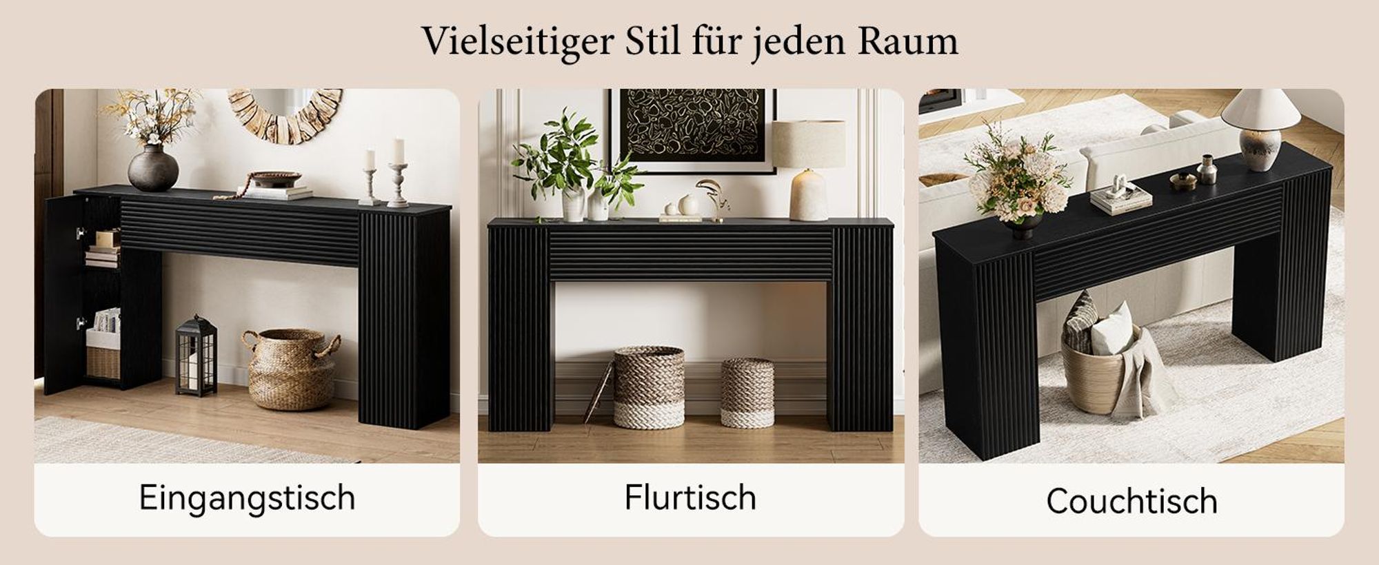 FABATO 155 cm gewellte Konsole mit 2 versteckten Stauraumfächern – schmale Sofatisch für die Wand, schwarze Einstiegs- & Flurtisch für Wohnzimmer