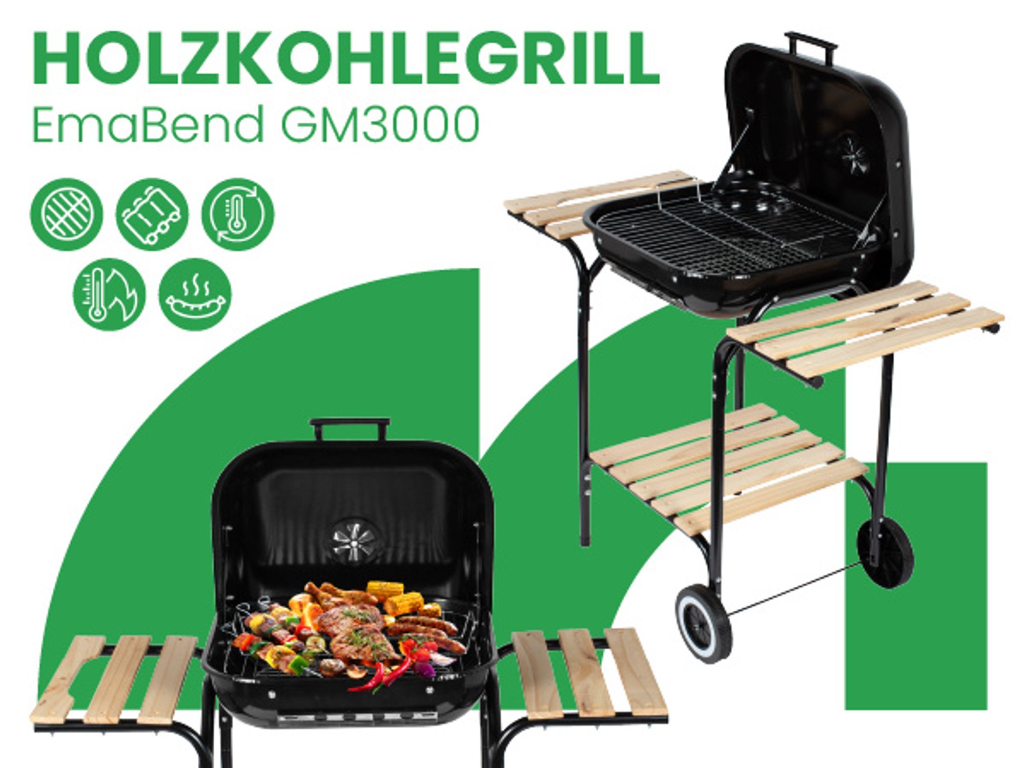 Schwarzer Holzkohle-Gartengrill mit Rädern und Seitenablagen