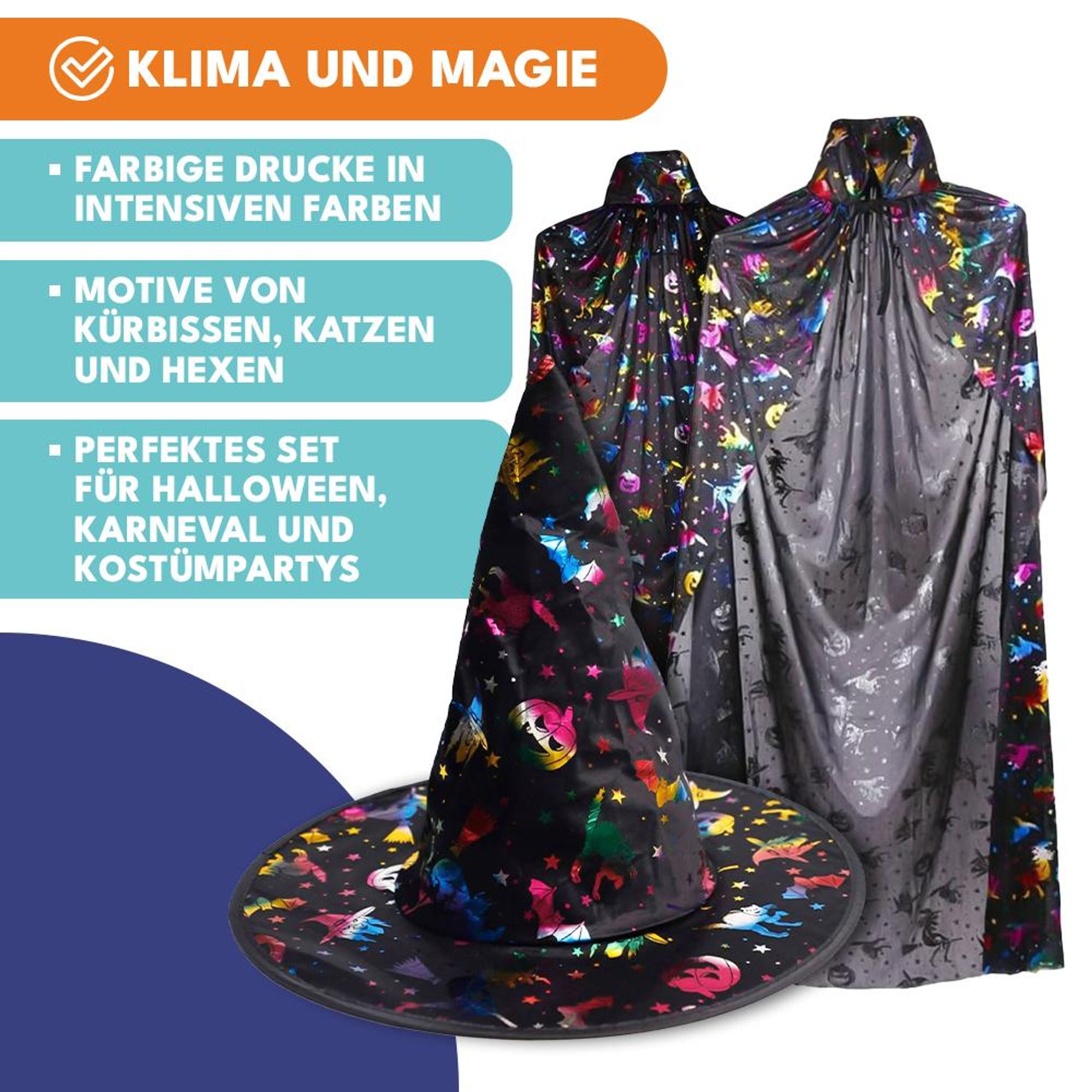 KRUMAD Halloween Kostüm Set 3-teilig – Hexenhut, Umhang mit Kapuze & Hexenbesen 87 cm, Hexenkostüm Zubehör für Kinder & Erwachsene