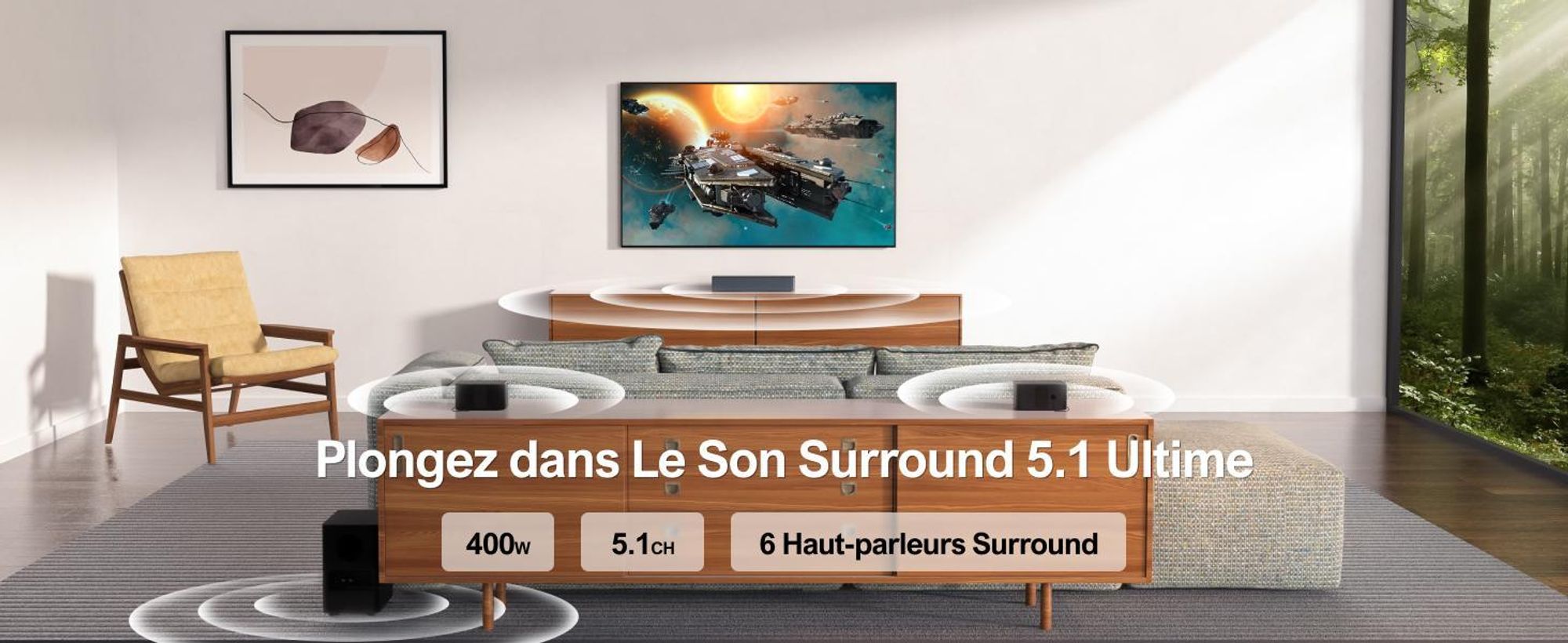 ULTIMEA Poseidon D50 - Barre de son surround 5.1, Système de son surround virtuel, Barre de son pour téléviseur avec caisson de basses et haut-parleurs arrière