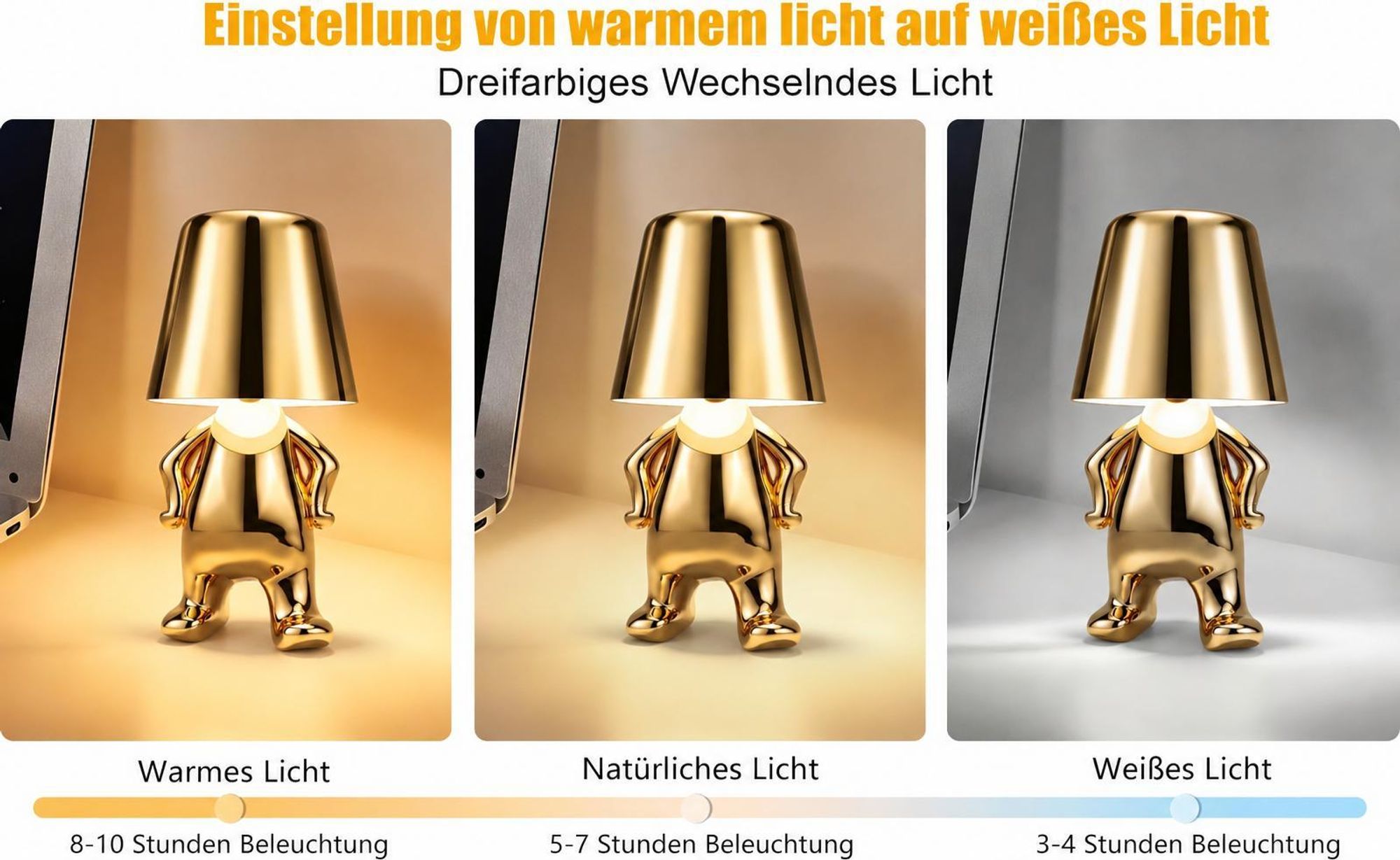 Thinker-Statue LED Nachttischlampe mit Touch-Steuerung,USB-Aufladung,3 Helligkeitsstufen,Kabellose Dimmbare Tischlampe,Dekorative Nachtlicht,(Gold E)