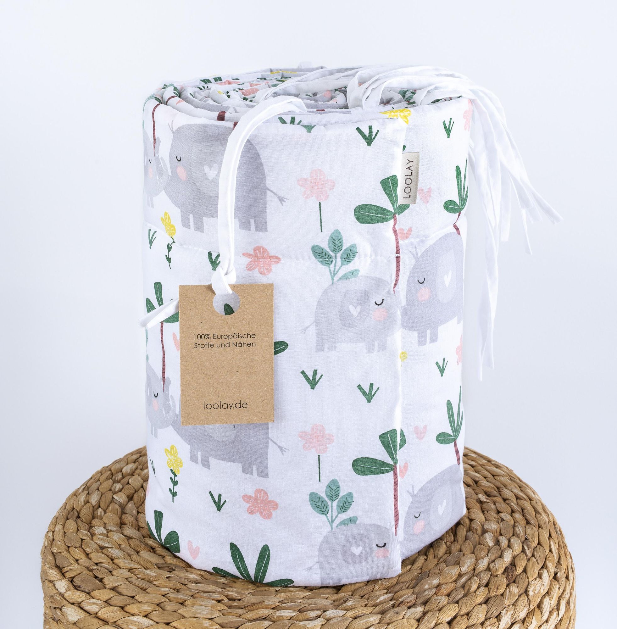 BETTUMRANDUNG Baumwolle 180 x 30 cm Babybett Austattung Babyausstattung Nestchen Bettschlange. Handgenähnt ELEFANT GRAU von LOOLAY®