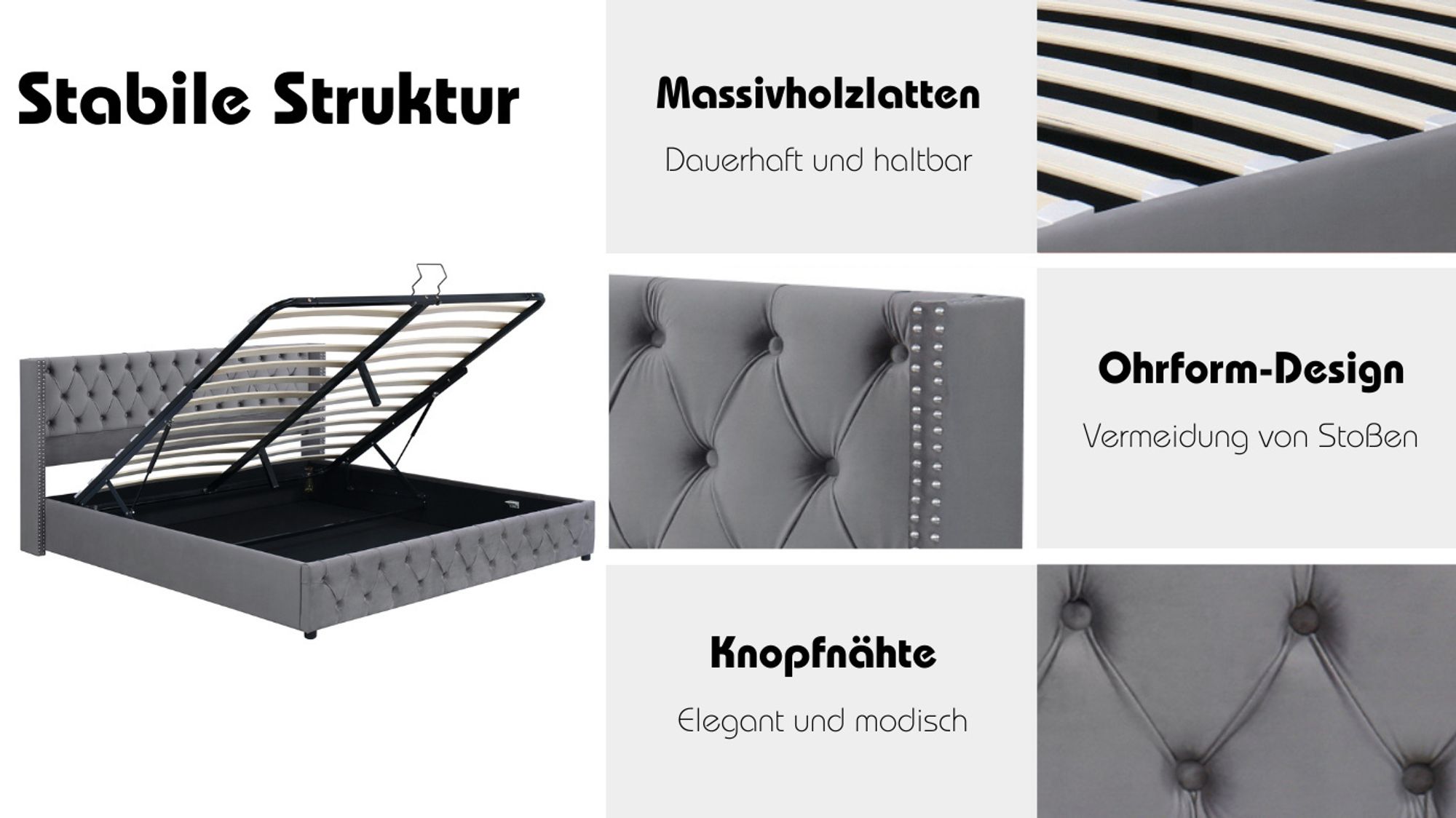 MODFU Boxspringbett Hydraulisches 140 x 200 cm mit Ohrenform Kopfteil und Knopfnähte, Polsterbett Doppelbett Stauraumbett mit Bettkasten Stauraum, Samt Grau(Ohne Matratze)
