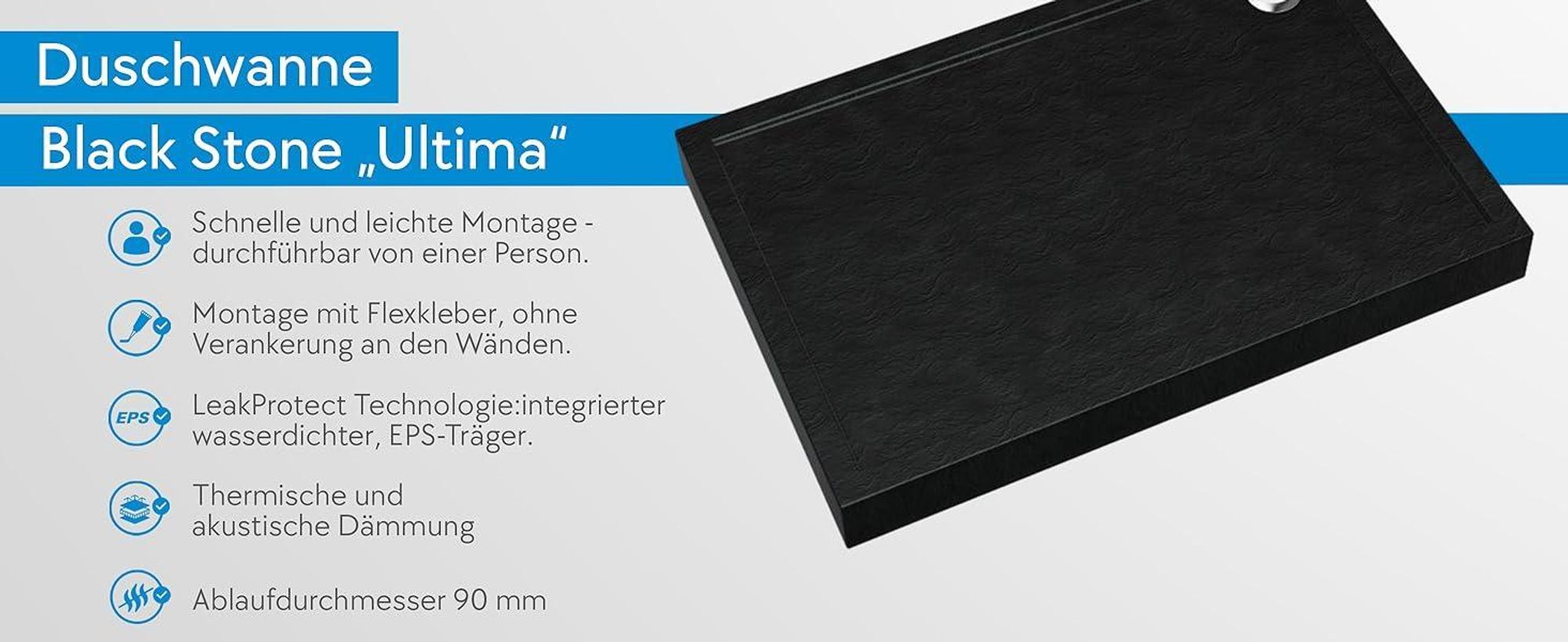 AQUABAD® Duschwanne Ultima LeakProtect® Black Stone 80x120cm Rechteck