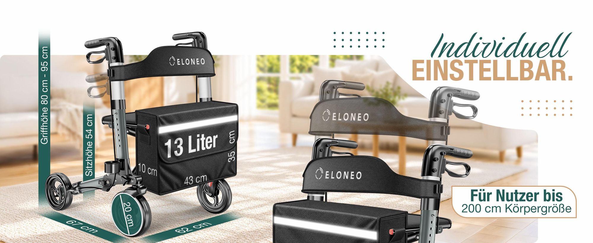 ELONEO Rollator faltbar und leicht mit Sitz, Leichtgewicht-Reiserollator aus Aluminium, Gehhilfe 8-fach höhenverstellbar, Laufhilfe 3-fach faltbar