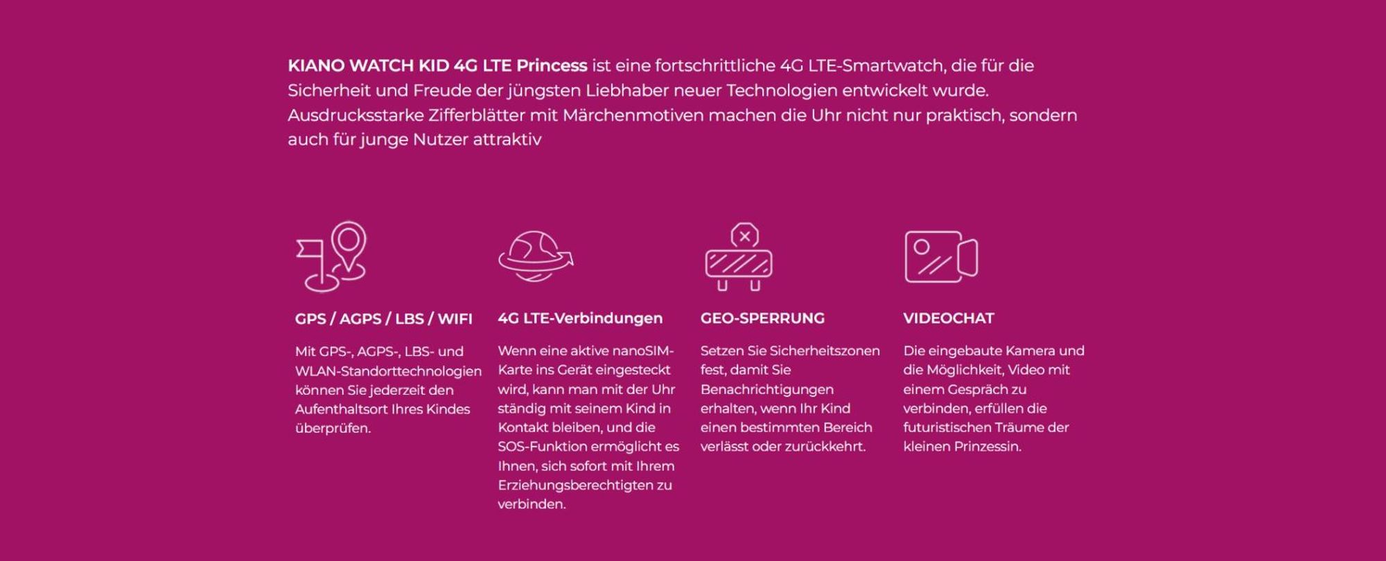 Smartwatch Kiano Watch KID 4G LTE Princess - Kinderuhr mit rosa Armband | Uhr mit Zifferblatt mit Märchenmotiven | GPS, AGPS, LBS, WIFI