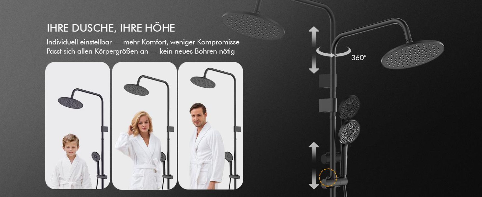 Homelody Duschsystem,Regendusche Duschset ohne Armatur,Überkopfbrause Handbrause Duschsäule mit Umsteller,Edelstahl, 4 Wassersprühfunktionen Schwarz