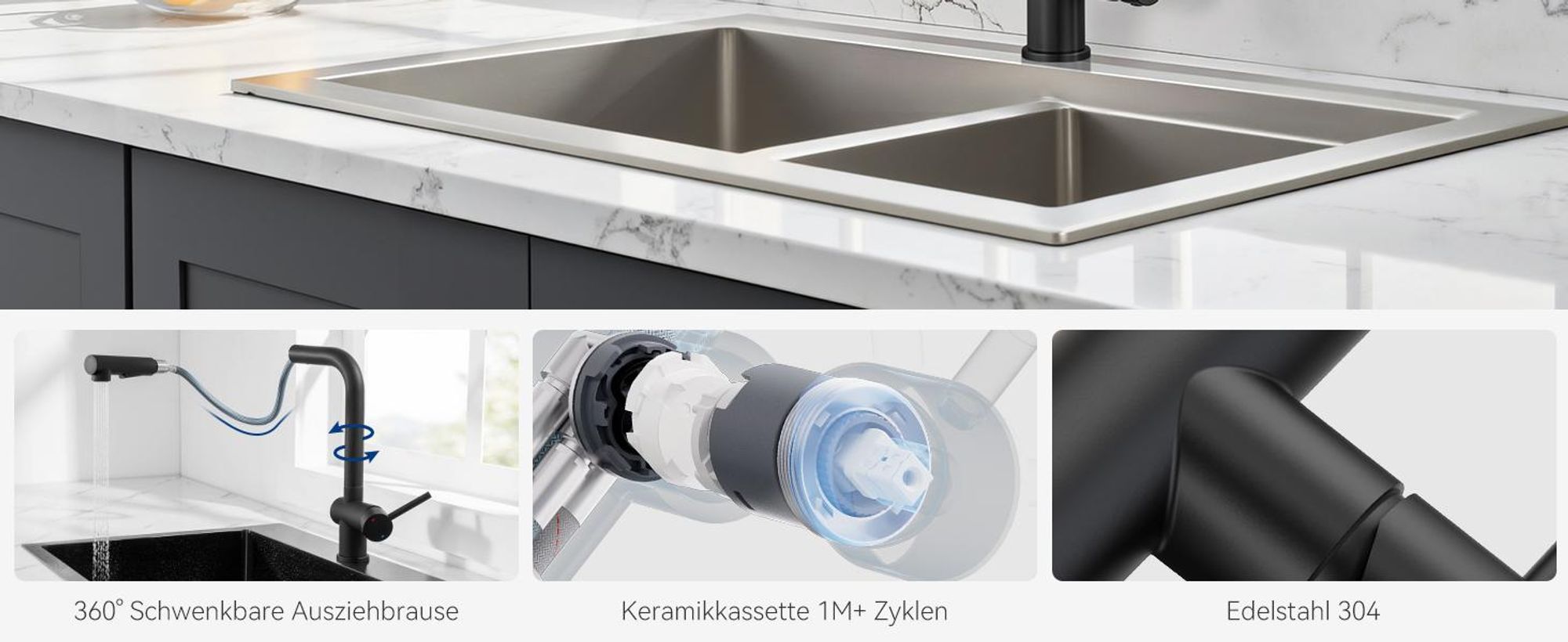 Wasserhahn Küchenarmatur, 360° Drehbar Spültischarmatur, Cecipa Ausziehbare Küchenarmatur 304 Edelstahl, Ausziehbarer Wasserhahn, Schwarz