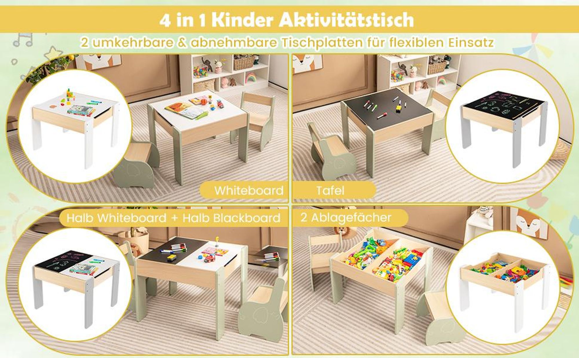 COSTWAY 3tlg. Kindersitzgruppe aus Holz, 4-in-1-Kindertisch mit 2 Stühlen & Abnehmbarer Tafel, Kindermöbel-Set mit Stauraum für Spielzimmer, Kindergarten (Grün)