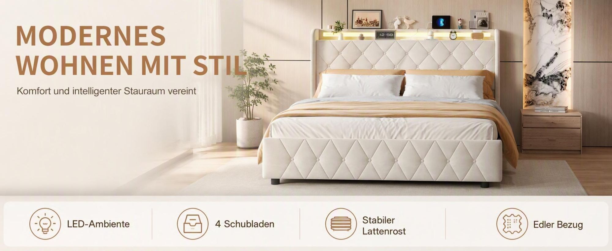 INONEFT Boxspringbett Polsterbett 140x200 mit LED & USB/C,Doppelbett Bett mit 4 Schubladen und Lattenrost,Bettgestell mit Stauraum-Kopfteil,Samt Beige