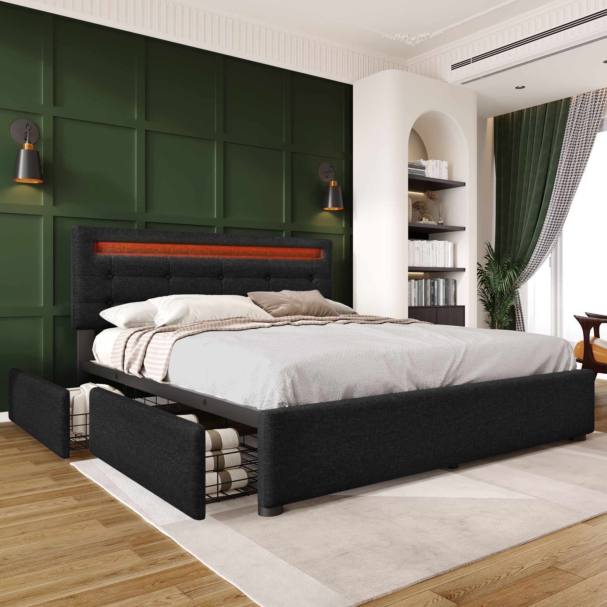 Flieks Polsterbett 140x200cm mit LED und höhenverstellbarem Kopfteil, Doppelbett mit Lattenrost und 4 Schubladen, Stauraumbett Leinen, Grau