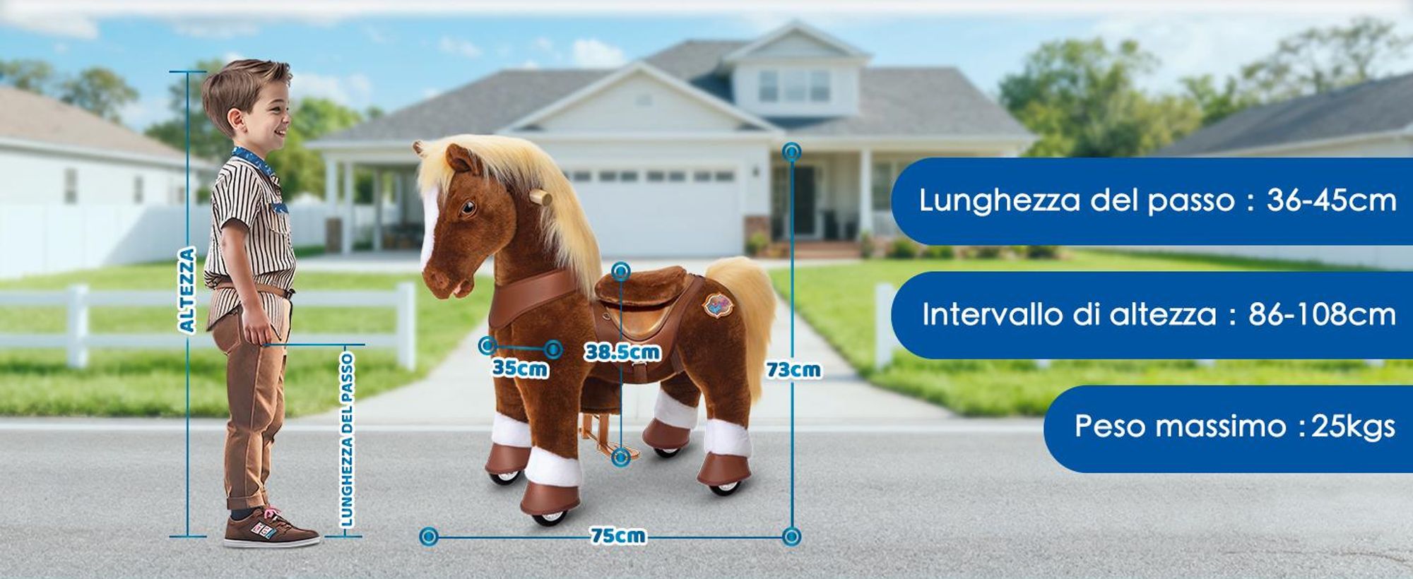 PonyCycle Modello Y Pony Cavalcabile Marrone su Ruote per Bambini 3-4 Anni, Cavallo di Peluche con Suoni, Regalo di Compleanno per Bambini – Y374