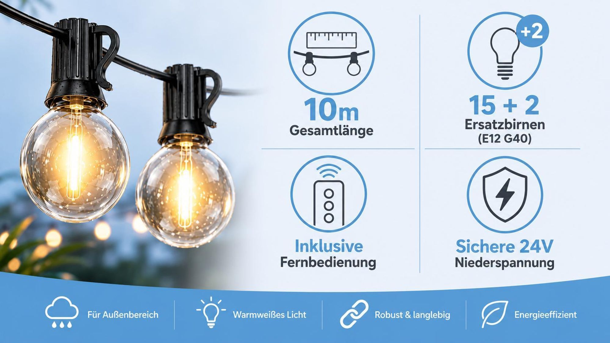 MasterLED LED Lichterkette Außen Outdoor Girlande 15x E12 Glühbirnen 2700K Warmweiß IP44 mit Fernbedienung 10m