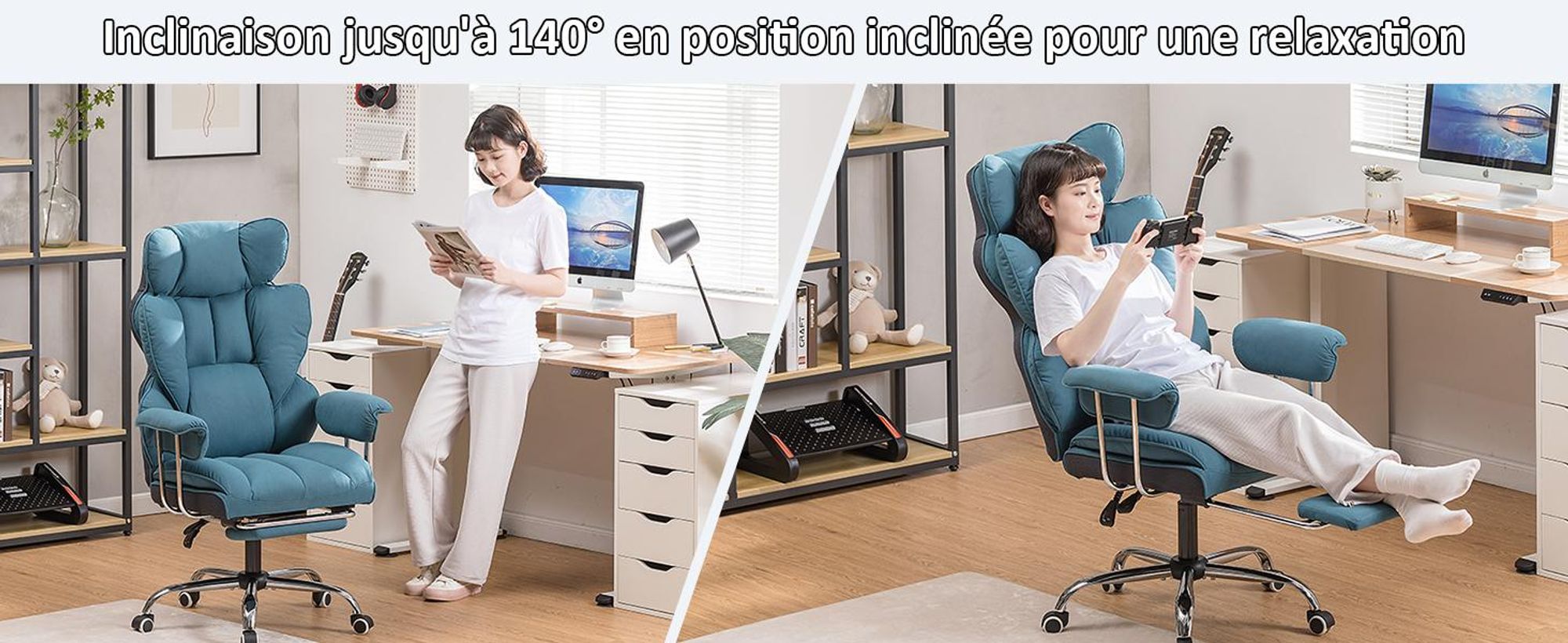 COMHOMA Chaise de bureau Gaming, chaise gamer, chaise de bureau ergonomique surface tissu avec repose-pieds, réglable en hauteur, chaise de bureau, fauteuil de direction, bleu-tissu