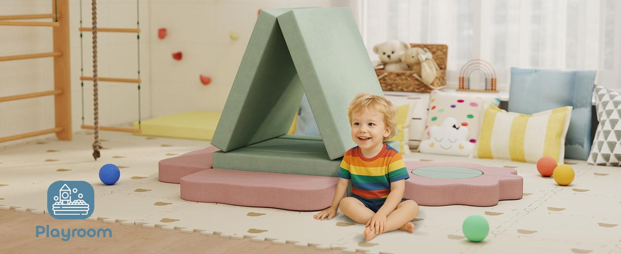 Sofa do zabawy AIYAPLAY, sofa dziecięca wykonana z piankowych klocków konstrukcyjnych 12 elementów, miękkie klocki do wspinaczki z basenem z piłeczkami, zestaw klocków, duże klocki, piankowe klocki do wspinaczki dla dzieci w kolorze sztruksu, zielone