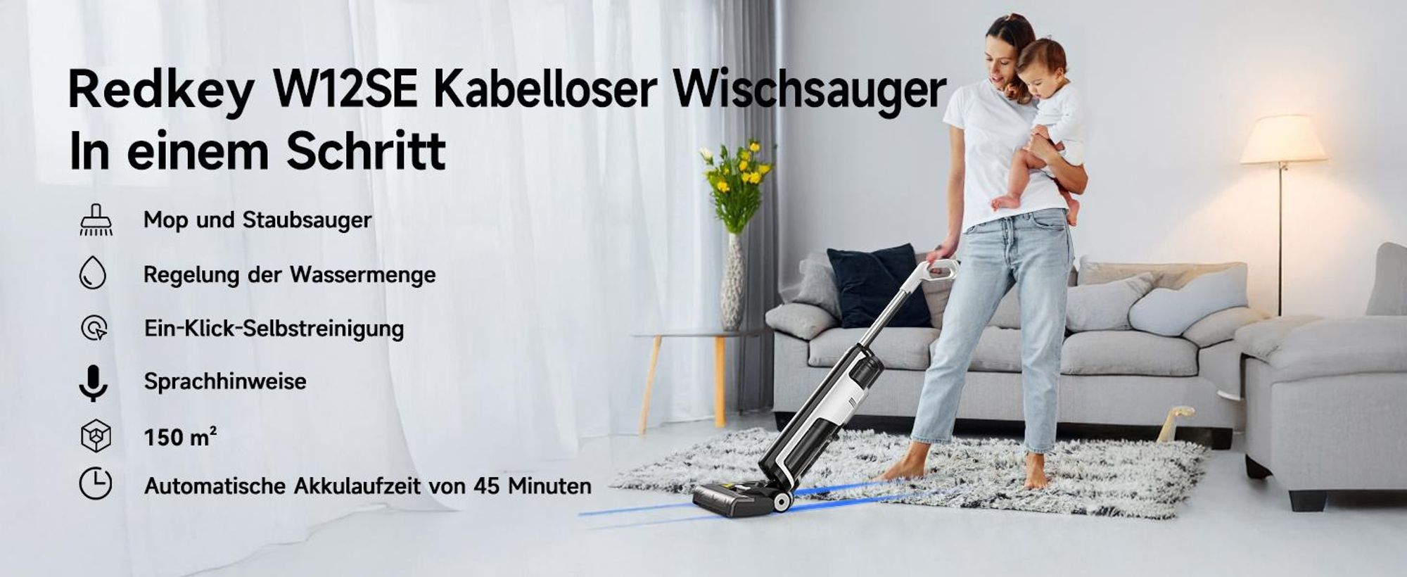 Redkey W12 SE,Nass Trockensauger 2 in 1,45 Minuten,600ml Wassertank,Automatische Reinigungsfunktion,Elektrolytische Desinfektion, Haarentwirrung