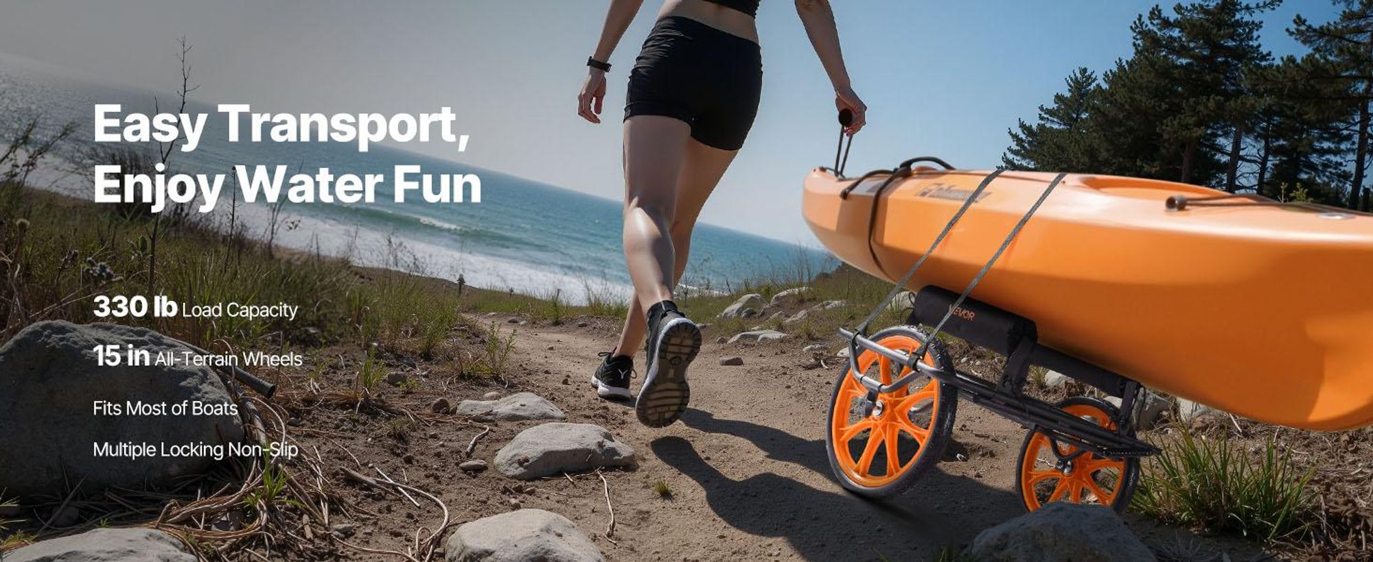 VEVOR Schwerlast-Kajakwagen, 145 kg Tragfähigkeit, abnehmbarer Kanu-Trolley mit 10'' soliden Reifen, verstellbaren Halterungen & rutschfestem Stützfuß, für Kajaks, Kanus, Paddleboards, Schwimmmatten und Jon-Boote, 9-20 Zoll
