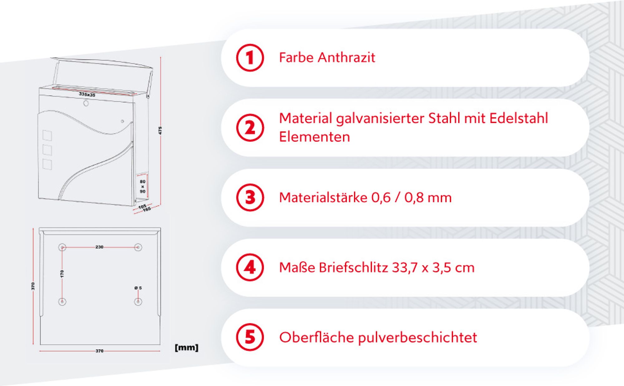 Wiltec Designer Briefkasten V28 Anthrazit und Edelstahl 370 x 102 x 370 mm, Wandbriefkasten mit Schloss, Sichtfenstern und Zeitungsrolle, Postkasten aus pulverbeschichtetem Stahl