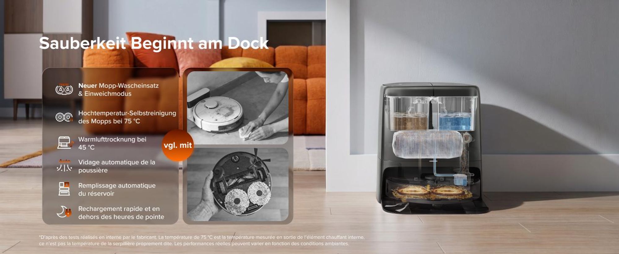 roborock Qrevo 2 Pro Set Saugroboter, 25.000 Pa Saugkraft, Anti-Tangle-System, 75°C Heißwasser-Moppwäsche, FlexiArm-Kantenwischsystem, Schwarz