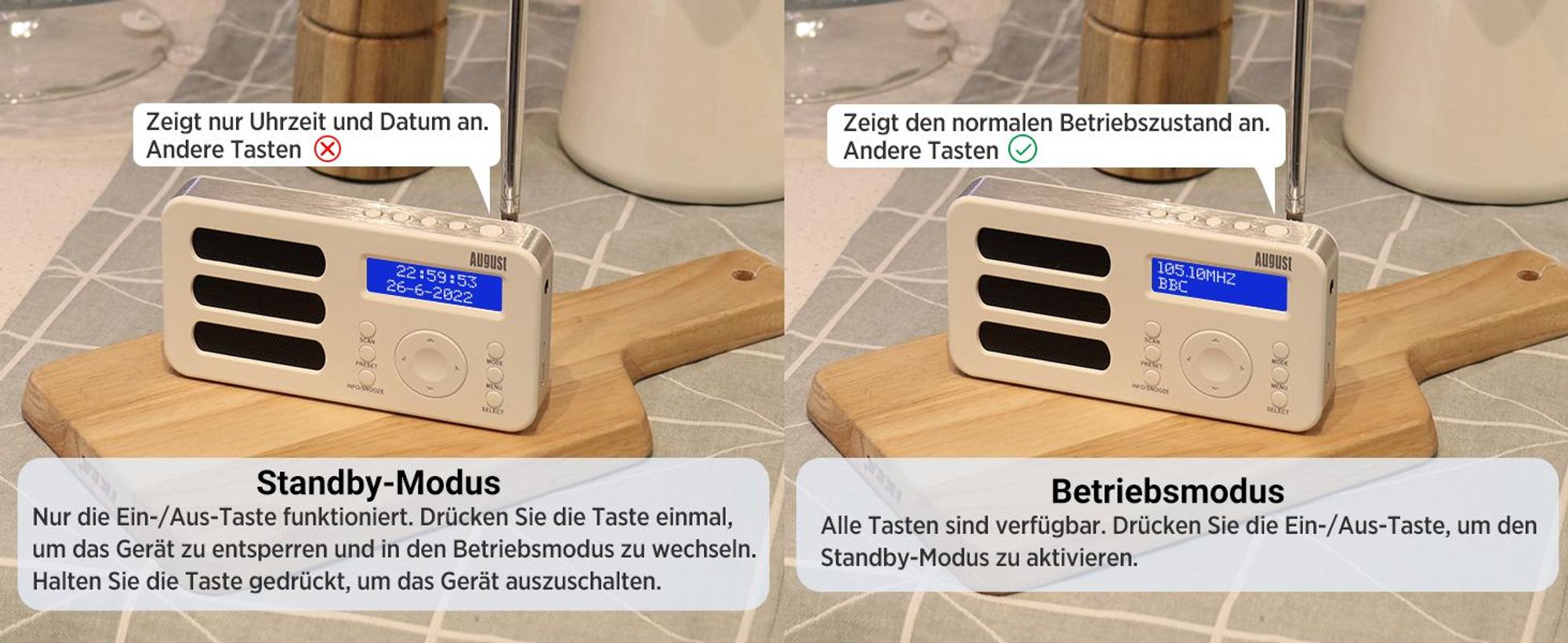 Tragbarer DAB+ FM Alarm Radiowecker Wiederaufladbar AUX 40 Presets - August MB225