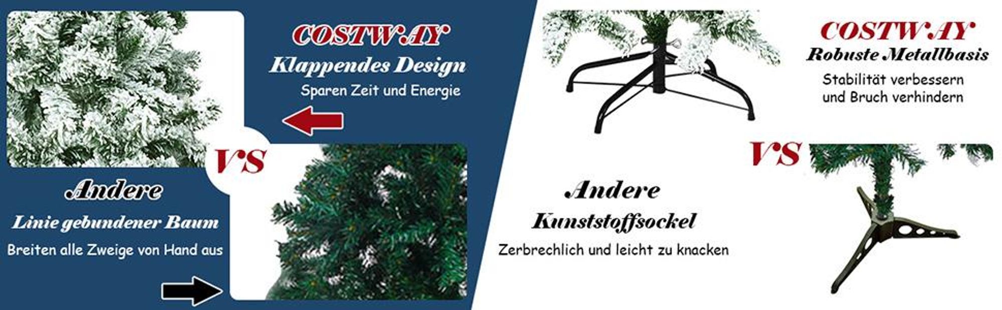 COSTWAY Künstlicher Weihnachtsbaum 180cm, Tannenbaum mit Schnee, 928 PVC-Spitzen, Metallständer & Klappsystem, Christbaum Kunstbaum Weihnachten