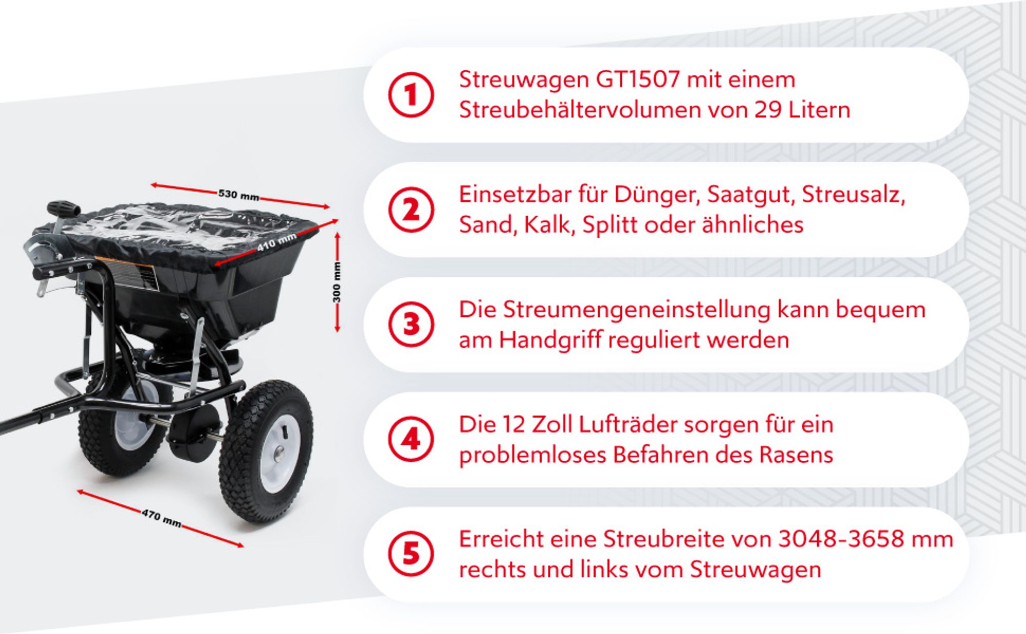 Wiltec Streuwagen GT1507 29L für Dünger, Saatgut, Streusalz, Sand gleichmäßiges Streuen