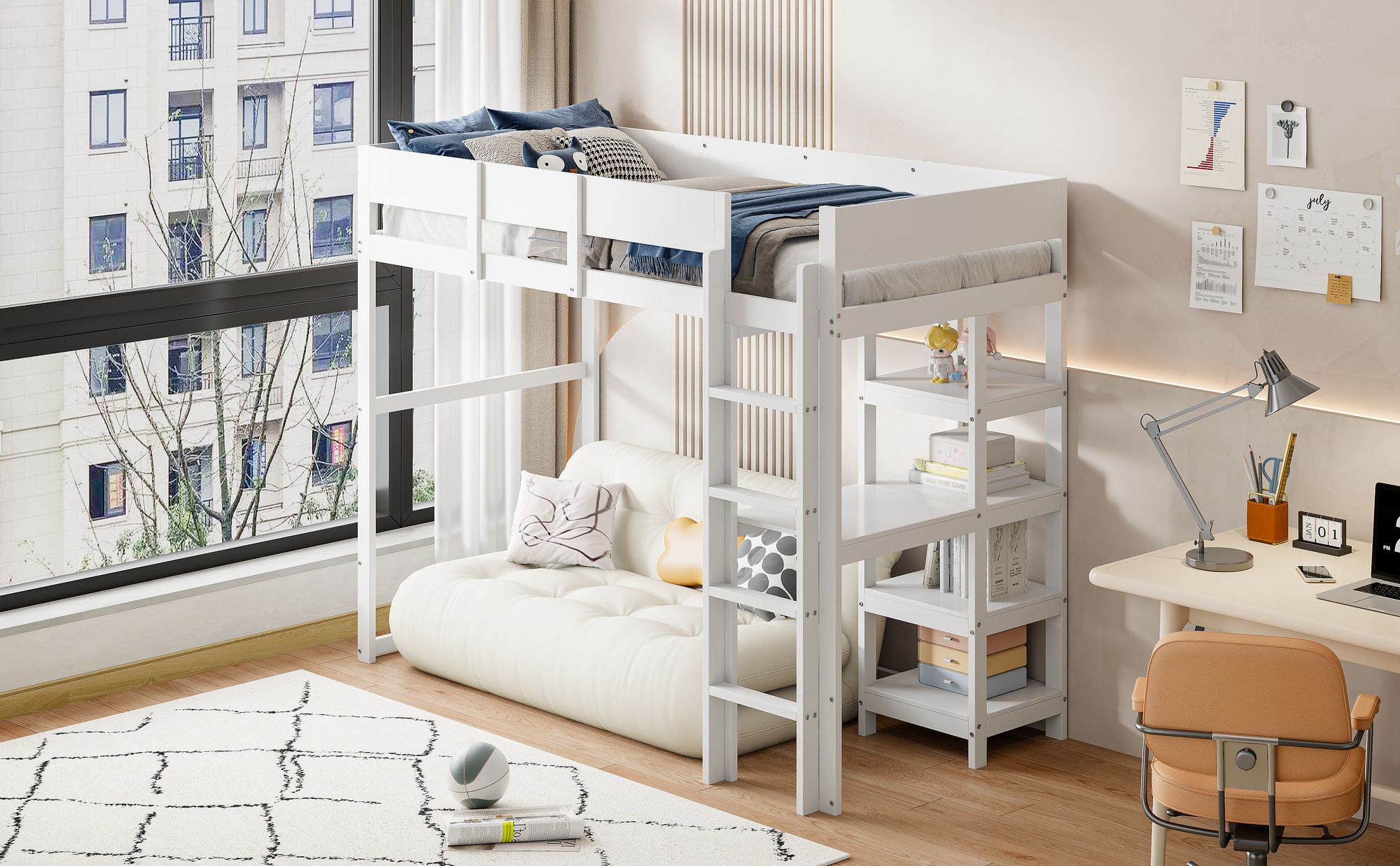 MODFU Hochbett 90 x 200 cm mit Rausfallschutz, Etagenbett Kinderbett Bettgestell mit Ablage und Lattenrost aus massivem Kiefernholz, Weiß
