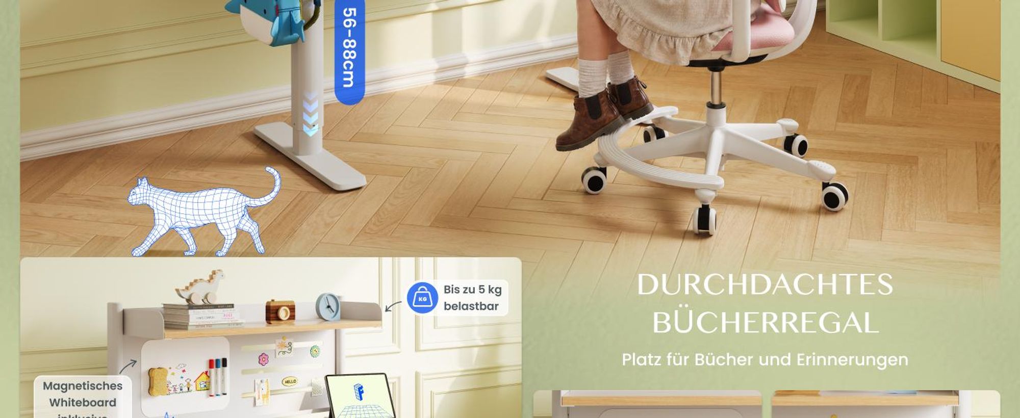 FLEXISPOT Kinderschreibtisch mit Kinderstuhl, elektrisch höhenverstellbar, mit LED-Anzeige, 3 Speicherhöhen, magnetischem Whiteboard, 110×52 cm