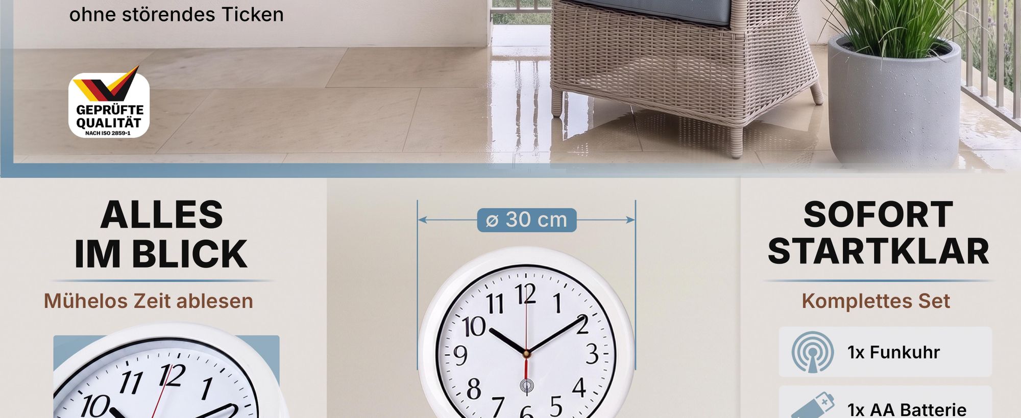 MONZANA® Wanduhr Funk Wasserdicht Groß 30cm Modern mit Batterien Küchenuhr Analog Zeitumstellung automatisch Haushalt Funkuhr Weiß