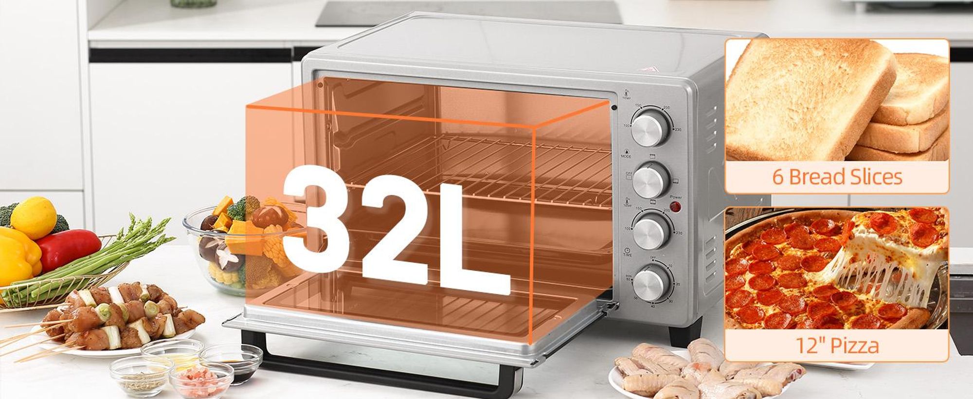 Homcom 800-087SR, 32 l, Srebrny, Wolnostojący, Obrotowy, 6 kaw., 100 - 230 °C