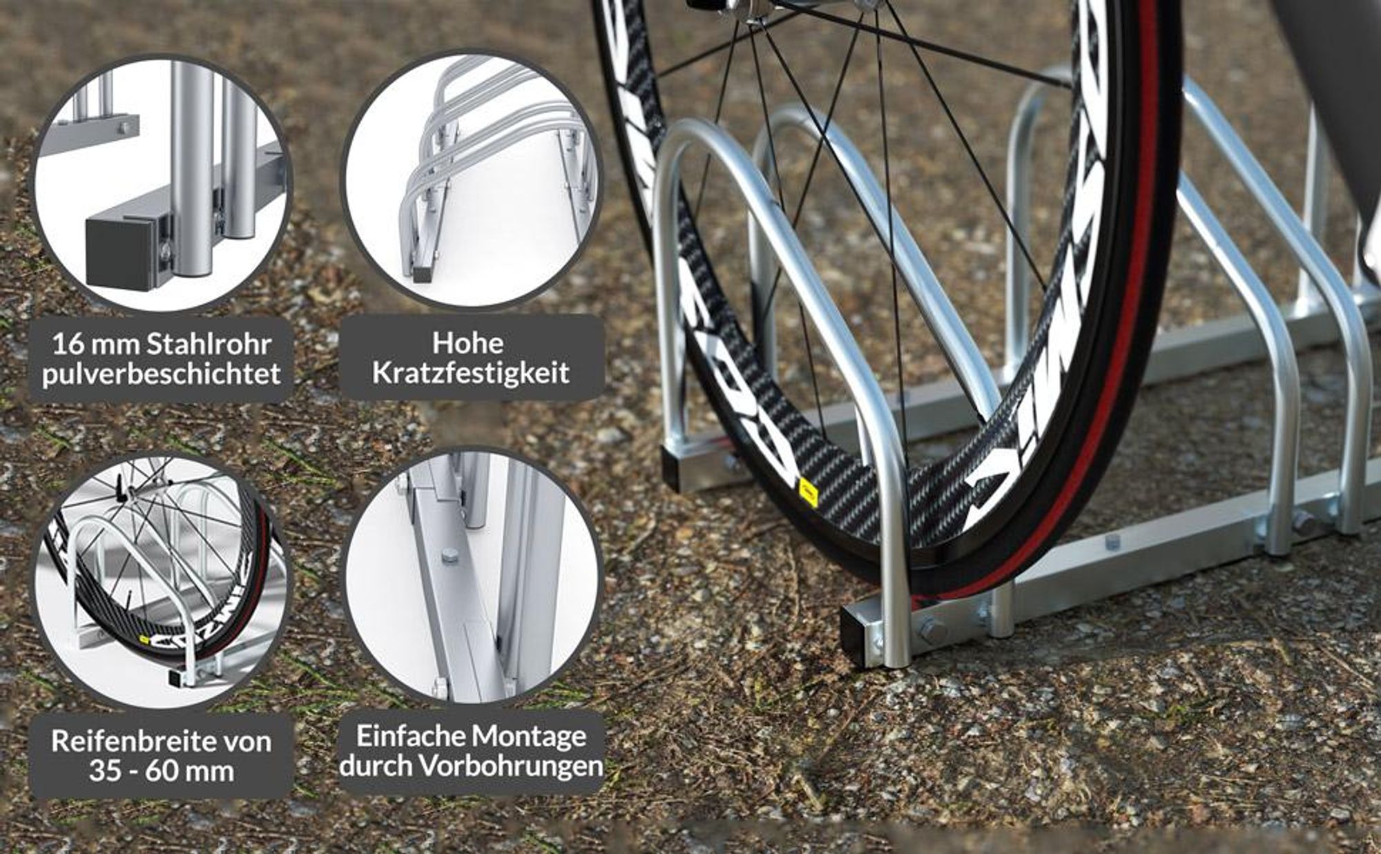 MONZANA® Fahrradständer für 3 Fahrräder 37cm Radabstand 30-65mm Reifenbreite rostfreier Stahl selbstsichernde Schrauben Boden oder Wandmontage Mehrfachständer Fahrradhalter Aufstellständer Radständer