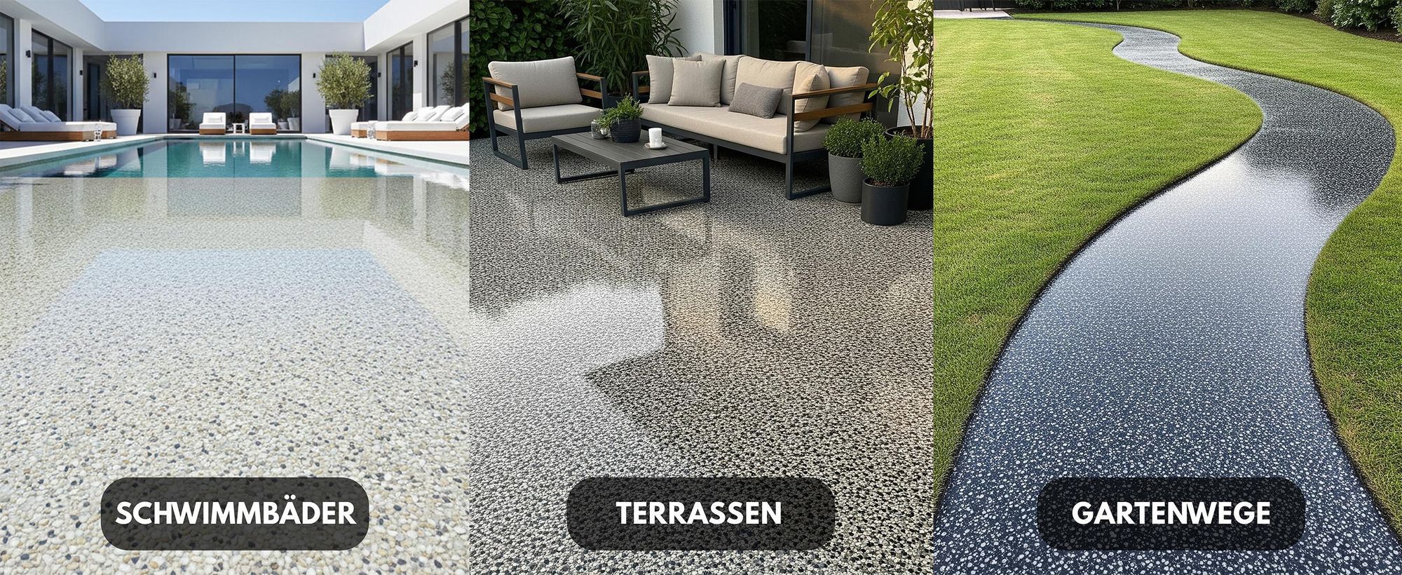 WO-WE Steinteppich W730 für Schwimmbad, Terrasse mit Sitzmöbeln und Gartenweg im Rasen