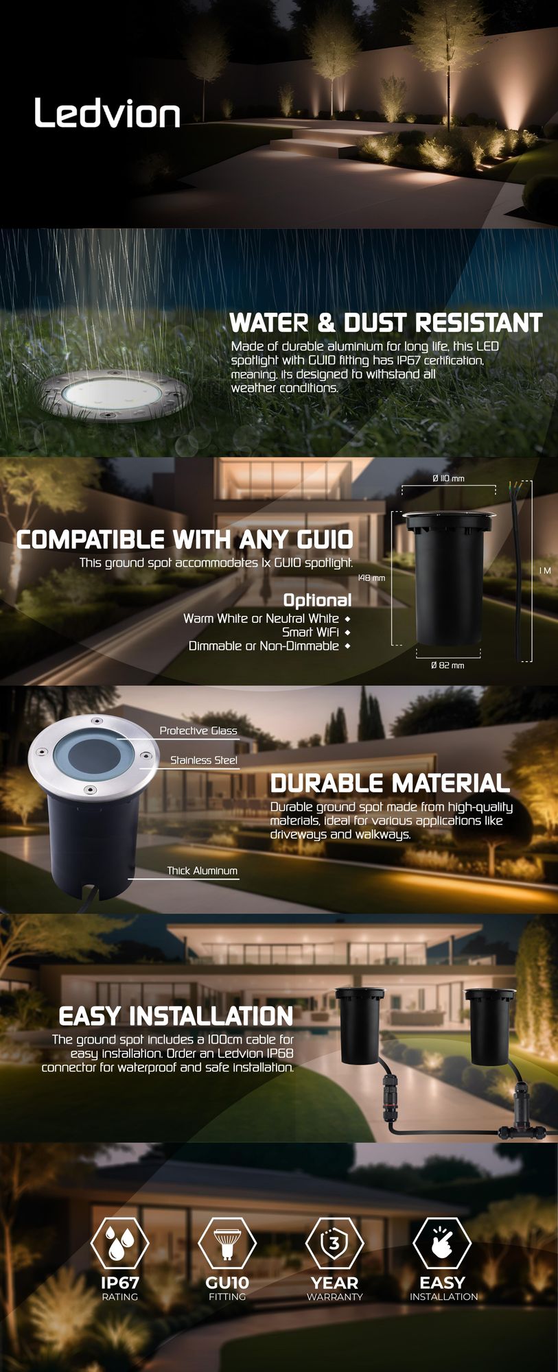 Ledvion Spot LED Encastrable Exterieur IP67 4.9W GU10 RGB 1m rond smart