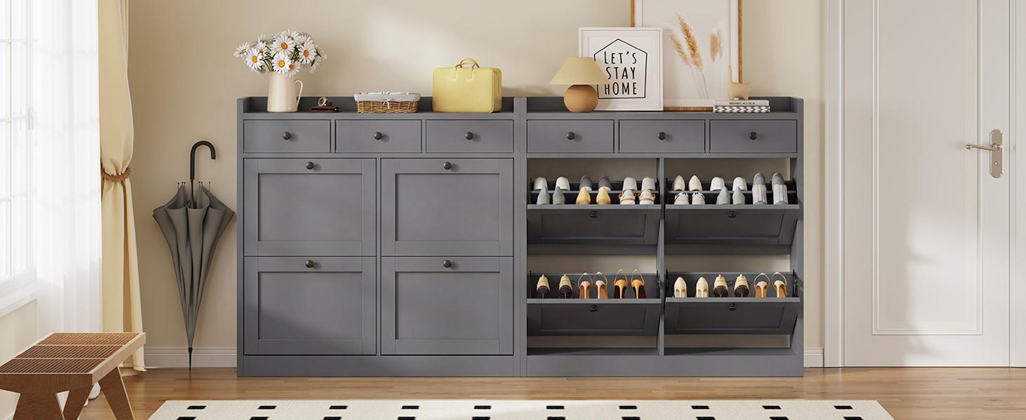 YITAHOME Schmaler Schuhschrank mit 4 Klapptüren & 3 Schubladen, verstellbar, Grau 100x25x85cm