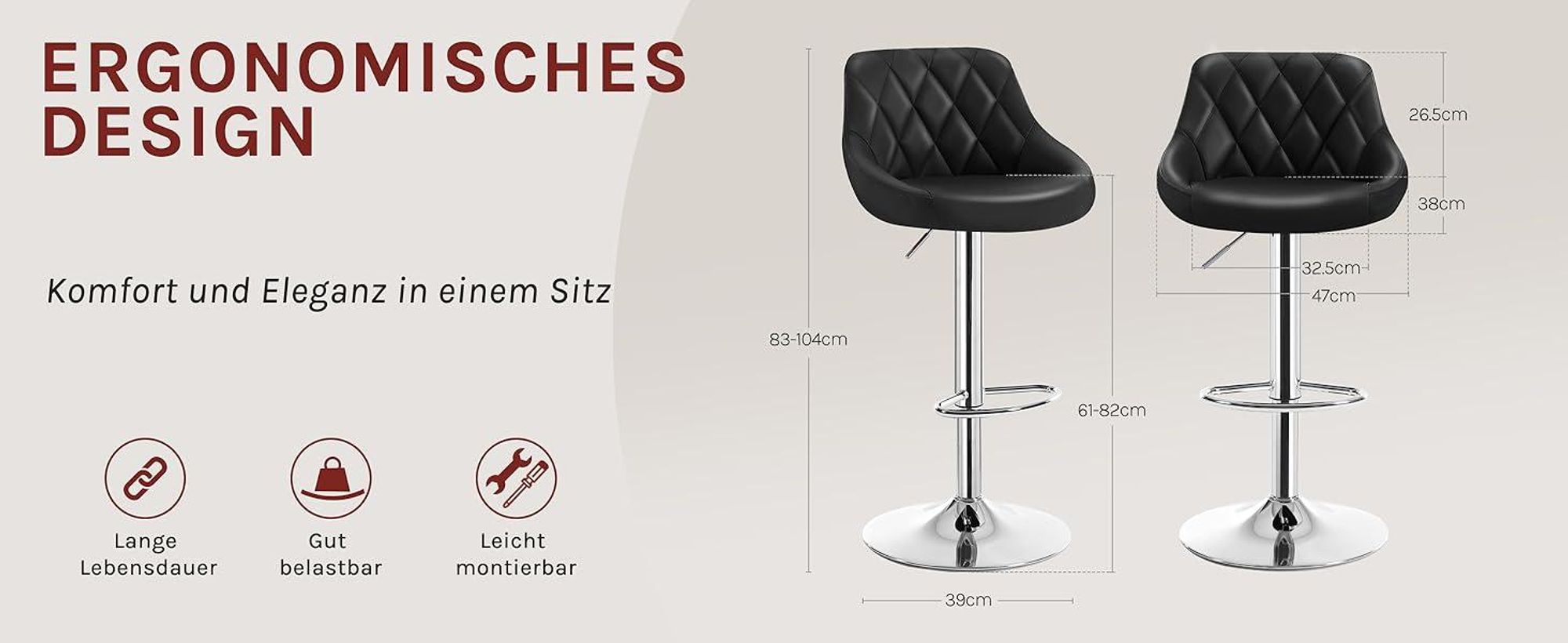 WOLTU 2er Set Barhocker Barstuhl leichte reinige Kunstleder, Gute gepolsterte Sitzfläche, Höhenverstellbar 360° Drehbar, Farbwahl, Schwarz