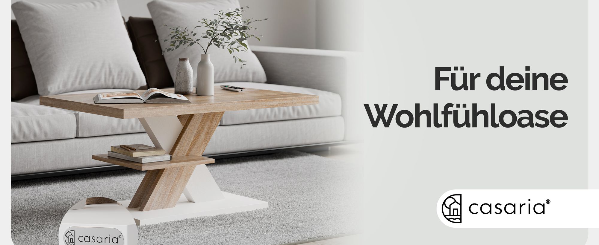 CASARIA® Couchtisch Weiß Eiche Holz Stauraum Ablage Kratzfest Modern Rechteckig 50kg Belastbar Beistelltisch Wohnzimmer Couch Tisch Detroit 90x60cm