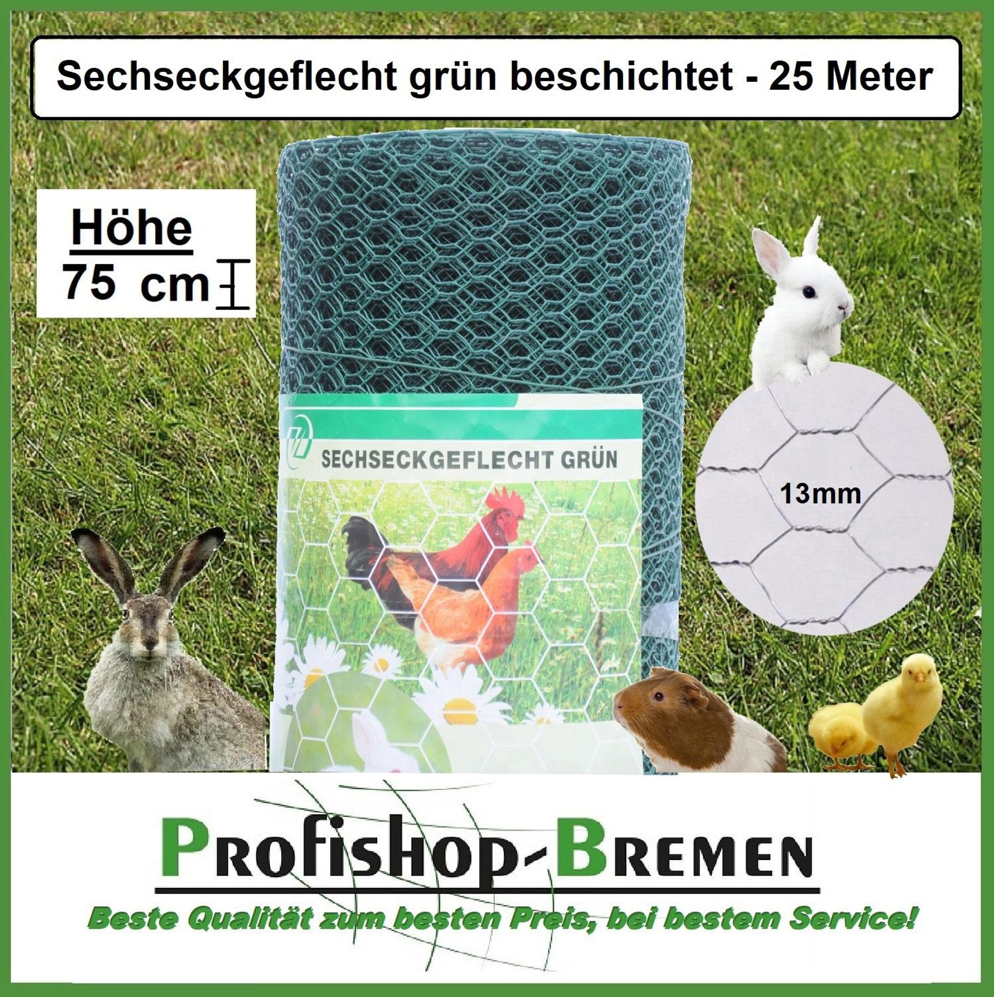 Kaninchendraht / Sechseckgeflecht / Maschenweite 13mm / Höhe 750mm / Länge 25m / grün beschichtet / € 0,88 pro Meter