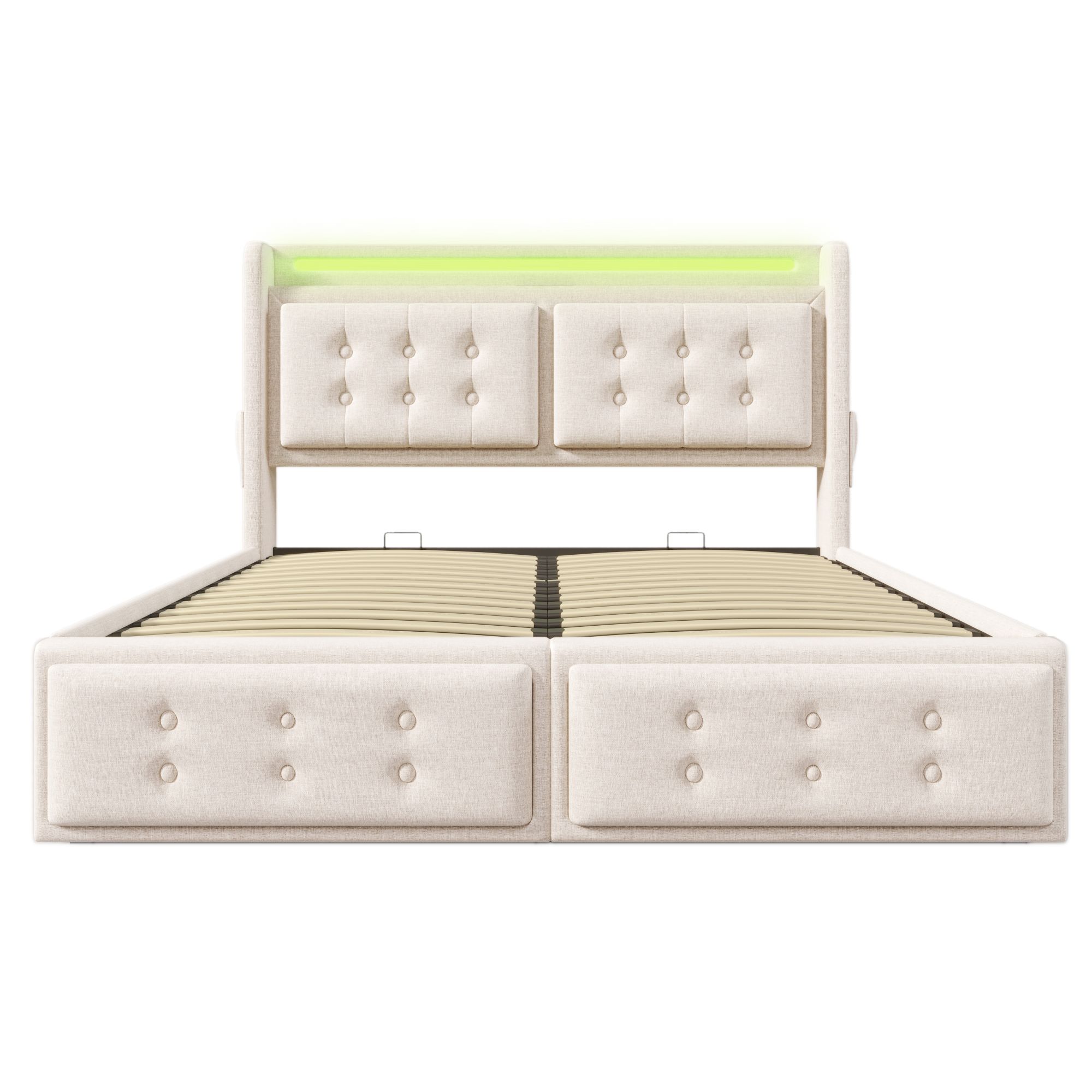 Flieks Polsterbett 180x200cm mit Ladefunktion, Doppelbett Jugendbett mit LED, Hydraulisches Stauraumbett Boxspringbett mit Lattenrost, Baumwolle Beige
