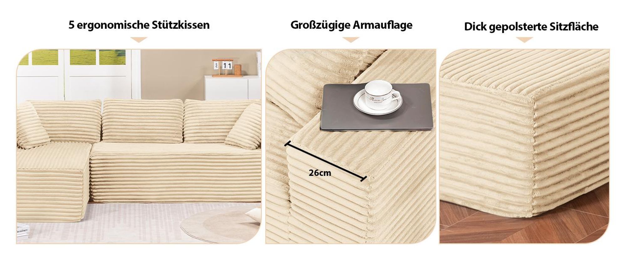 COMHOMASofa Big-Sofa, L-förmige Sofa, Couch Ecksofa, Chaiselongue Schlafsofa mit tiefer Sitzfläche und breiten Armlehnen, Cordstoff, beige-R