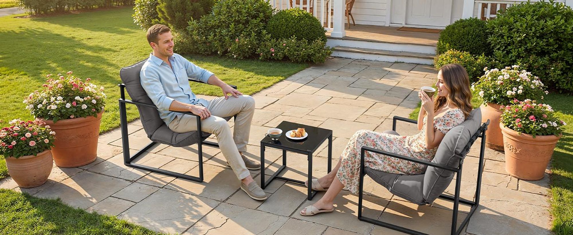 SONGMICS Balkonmöbel Set, 3-teilig, Garten Sitzgruppe mit 2 Stühlen und 1 Tisch, Stahlrahmen, Kissen, für Garten, grau