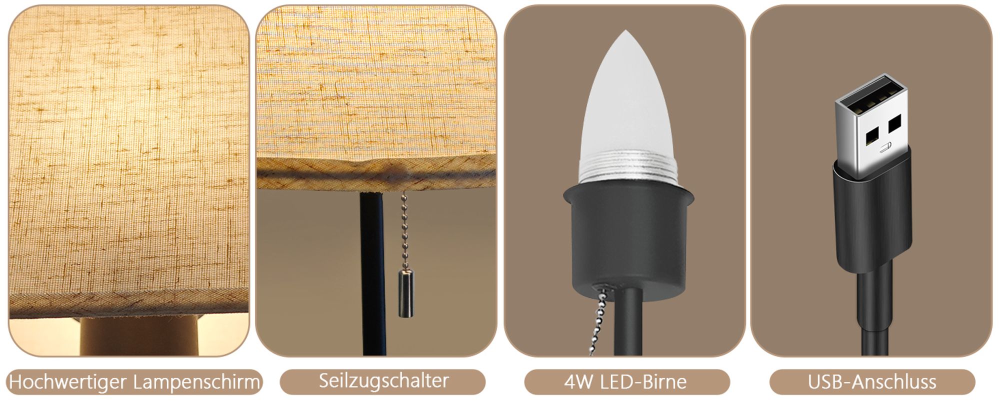 ZMH Standlampe Stoff Wohnzimmer Vintage Stehleuchte LED Dimmbar Standleuchte 134cm Stehlampe Beige Lampenschirm Wohnzimmerlampe Seilzugschalter