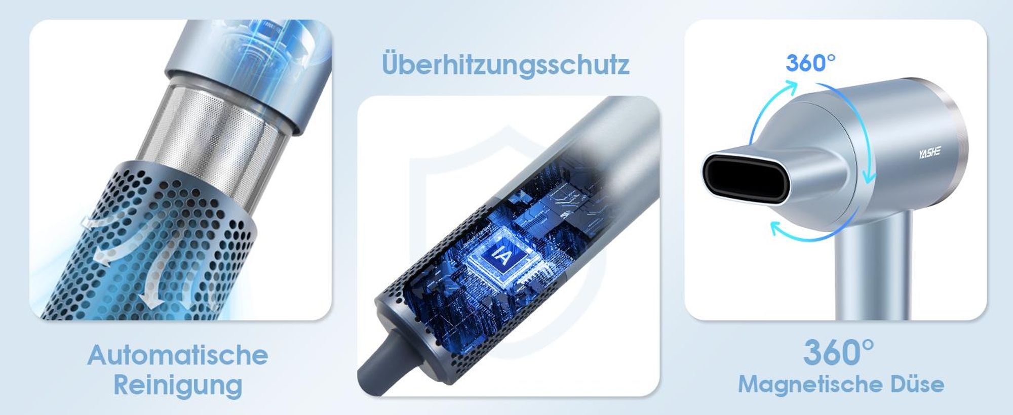 YASHE Ionen-Haartrockner HD-896, 1600 W, 110.000 U/min, Hellblau