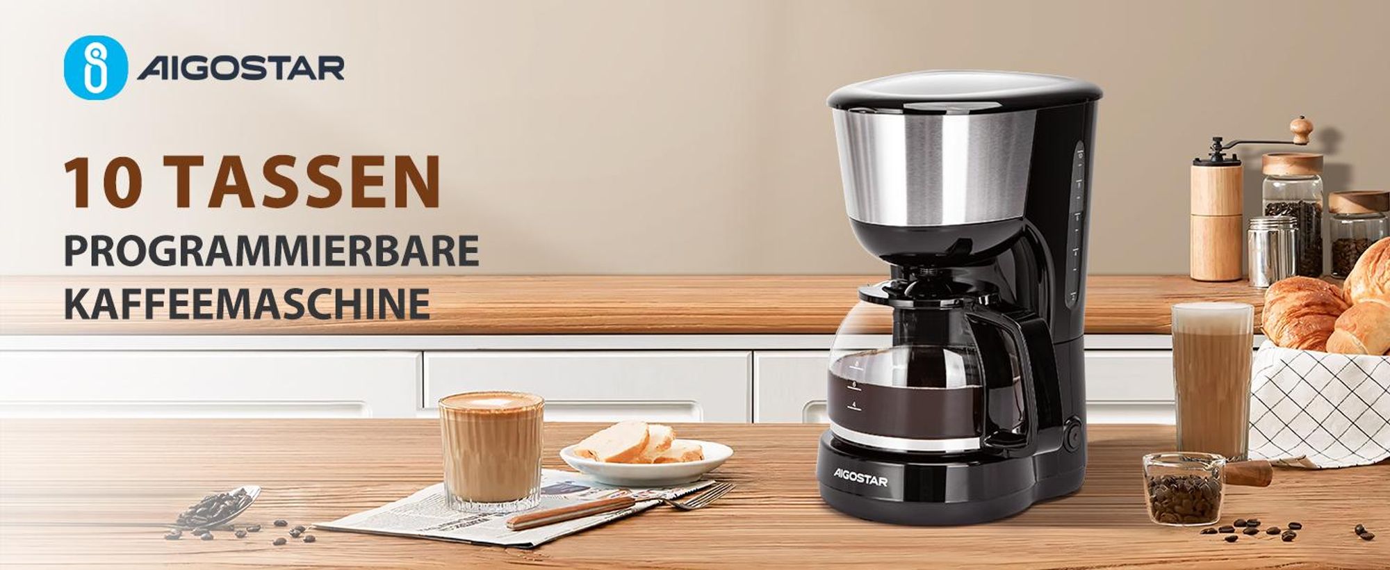 Aigostar Filterkaffeemaschine mit Glaskanne, Kaffeemaschine für bis zu 10 Tassen je Kanne, für aromatischen Kaffeegenuss, Schwarz