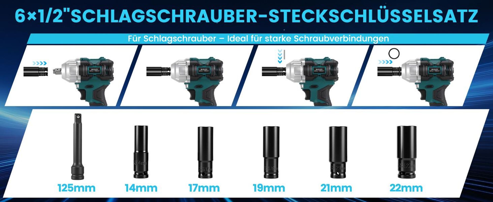 Akku Schlagschrauber 800 Nm 1/2" Bürstenloser Schlagschrauber 3200 U/min mit 2 × 4,0 Ah Akkus, Koffer, 5 Stecknüsse